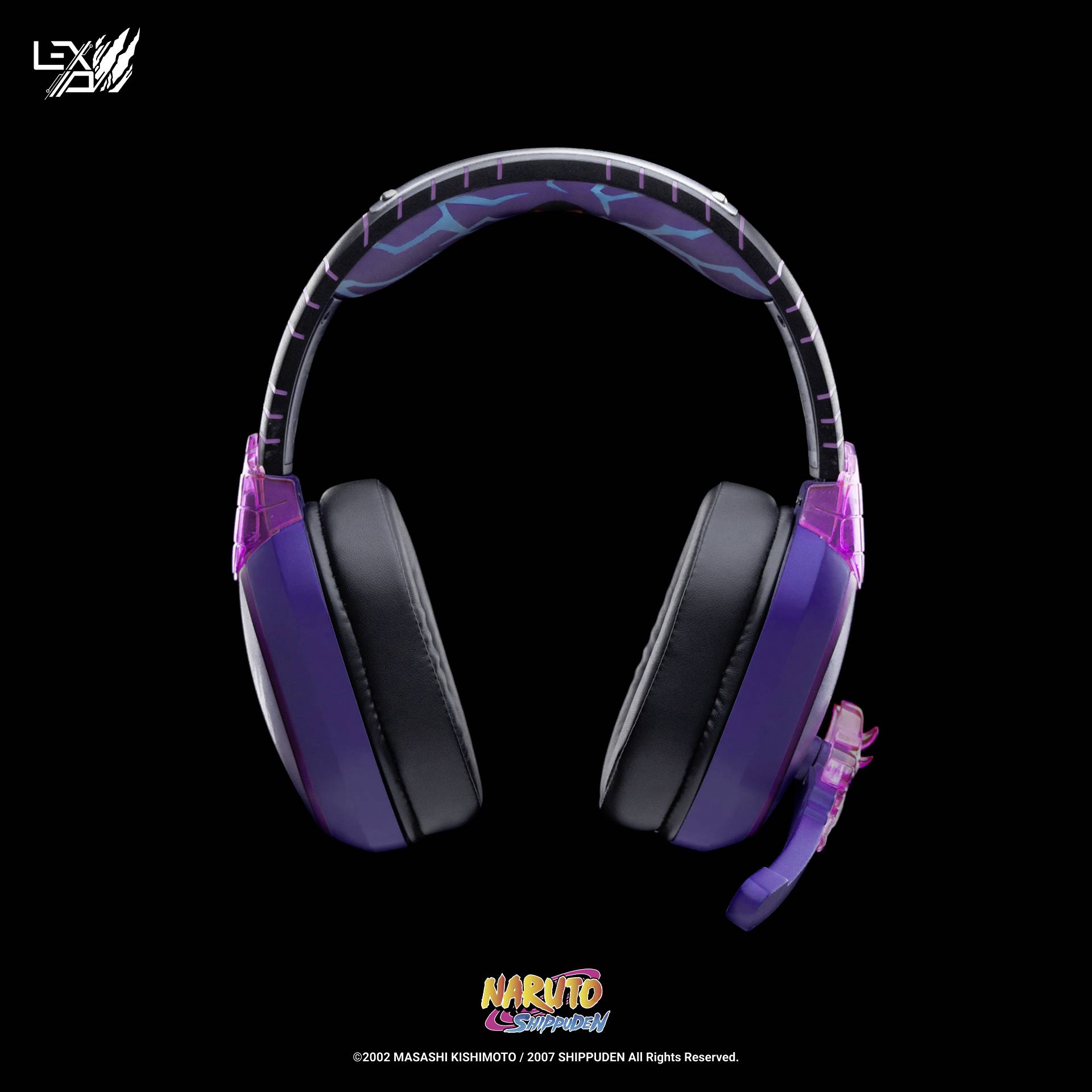Lila und schwarze Over-Ear-Kopfhörer mit 'Naruto Shippuden'-Logo, inspiriert von einem Anime-Design.