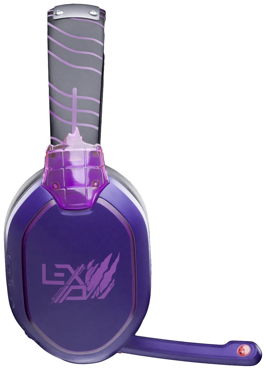 Lila Kopfhörer mit Mikrofon, stilisiertes Logo 'LEXO' auf der Ohrmuschel, transparentes Kunststoffdesign an der Oberseite.