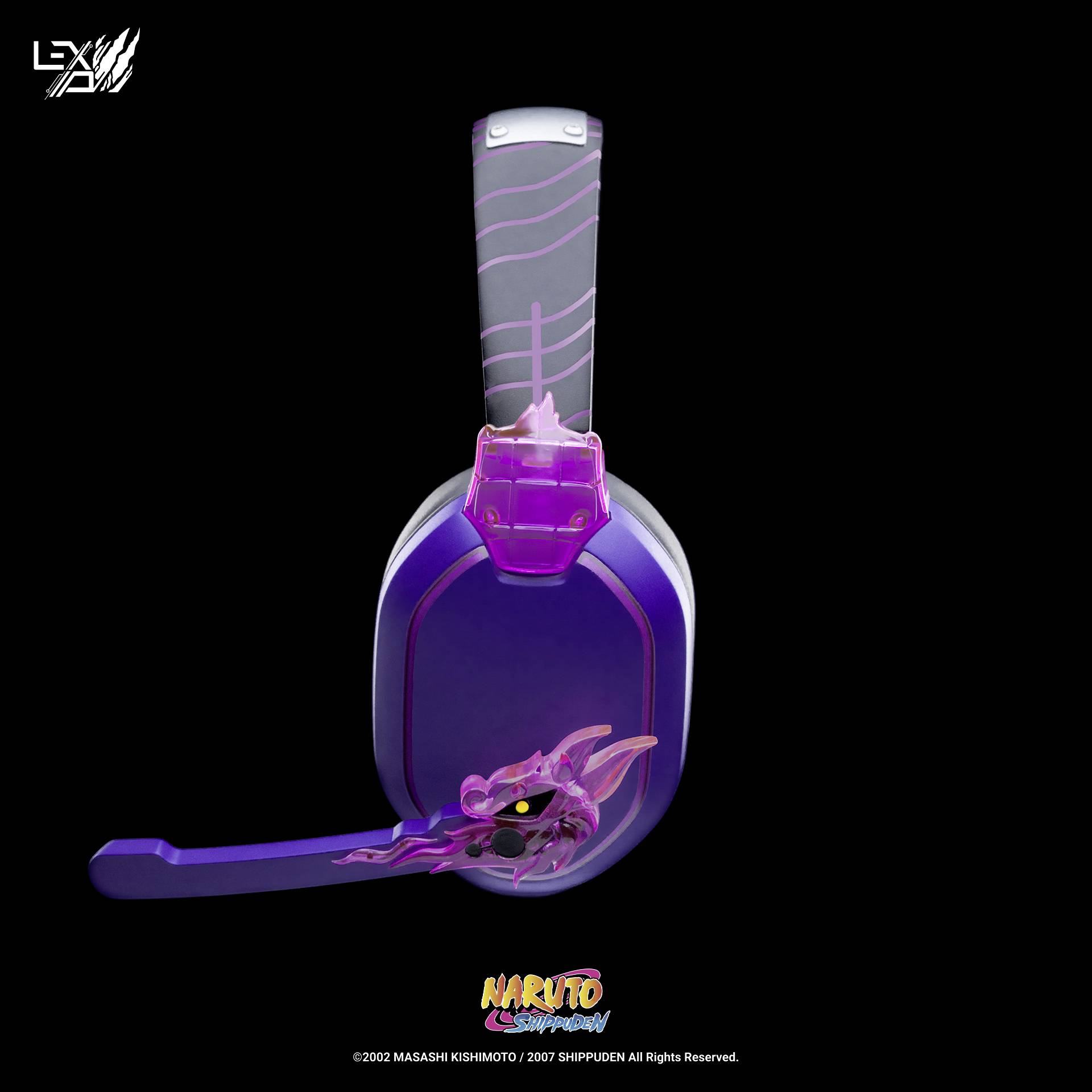 Ein stilisierter Kopfhörer in lila und rosa Tönen mit einem Drachenmotiv, gezeigt auf schwarzem Hintergrund.