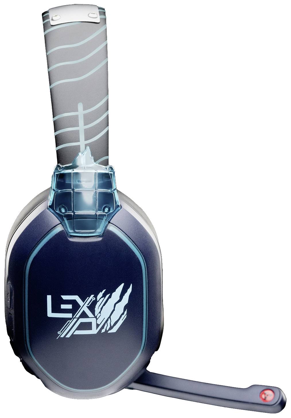 Ein blau-schwarz-graues Gaming-Headset mit Mikrofonarm. Auf der Ohrmuschel ist ein stilisiertes Logo mit Buchstaben abgebildet.