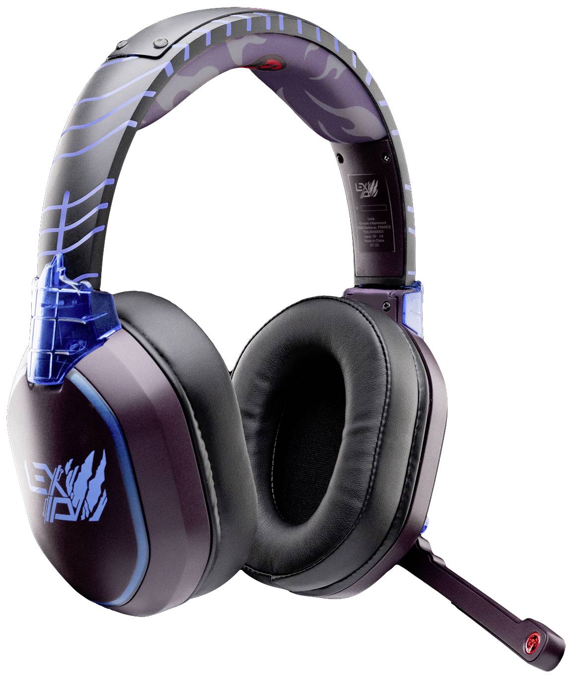 Gaming-Headset mit Mikrofon an der Seite, schwarz-lila Design mit blauen Akzenten, für intensiven Spieleinsatz geeignet.