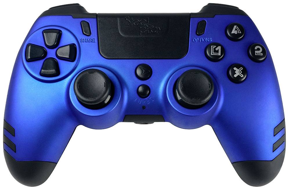 Blauer Gaming-Controller mit schwarzen Joysticks und Knöpfen, bekannt aus Konsolenspielen. Ideal für Gamer zur Steuerung von Spielen.