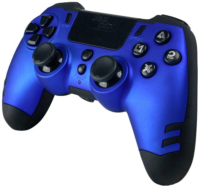 Ein blauer Gaming-Controller mit mehreren Tasten und Joysticks, geeignet für Videospiele.