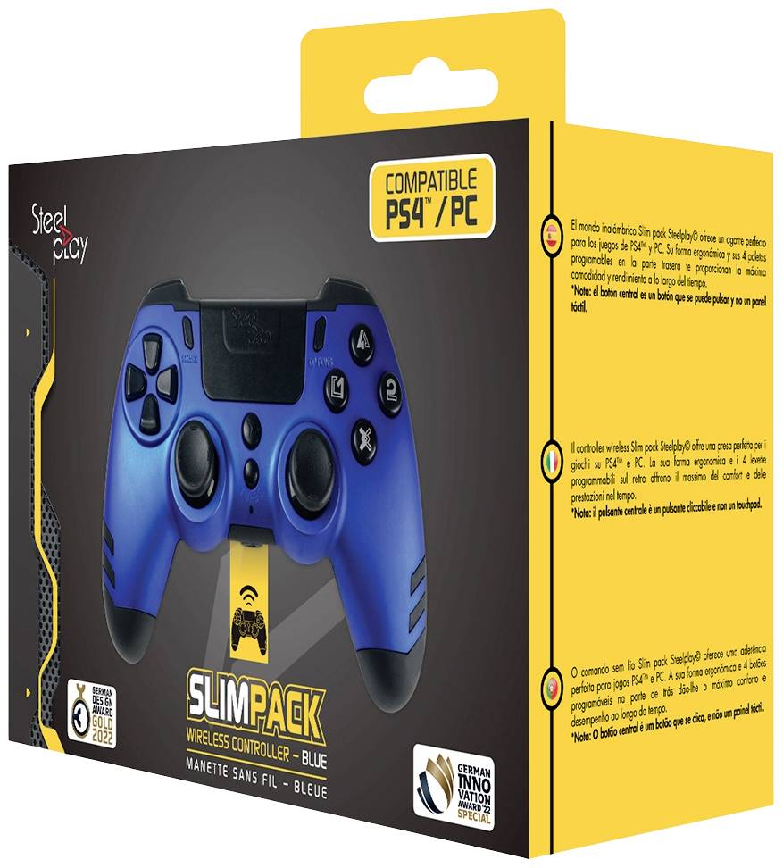 'Steelplay Slimpack Wireless Controller' in Blau auf gelber Verpackung, kompatibel mit PS4 und PC, mit Bluetooth- und Dual-Vibration.