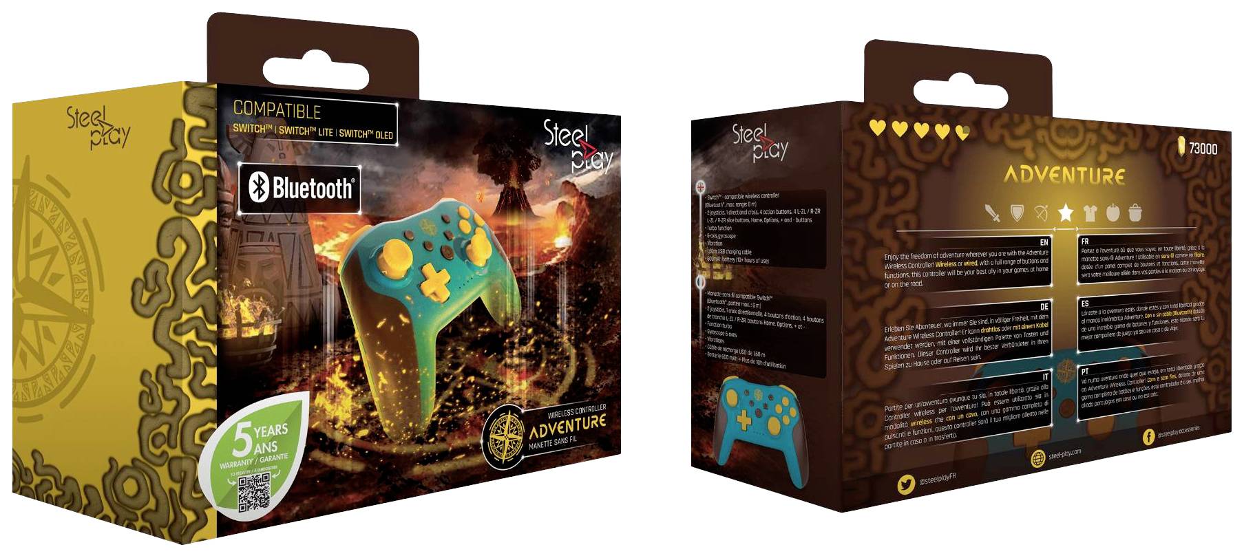 Kabelloses Gamepad in Türkis für Konsolen, mit Bluetooth-Funktion und USB-Anschluss. Verpackung zeigt Abenteuer-Motiv und Kompatibilität.