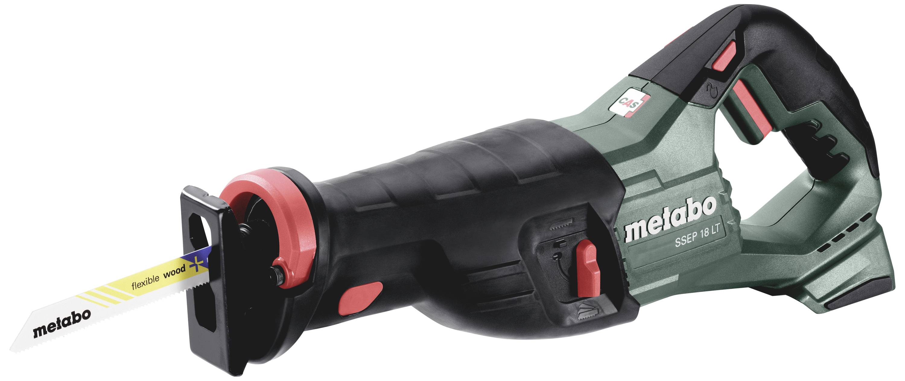 Akkusäbelsäge von Metabo, Modell SSE 18 LTX BL, grün-schwarz, mit ergonomischem Griff und gelbem Sägeblatt, geeignet für Holzarbeiten.