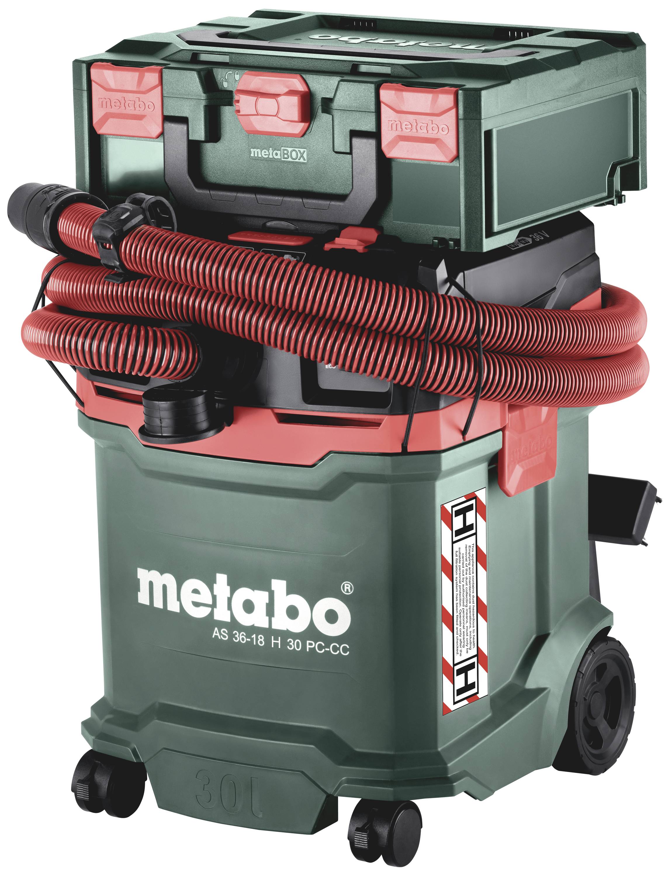 Industriesauger von Metabo, Modell 'AS 36-18 H 30 PC-CC', mit rotem Schlauch und grüner Box. Mobil dank Rädern, für professionelle Reinigung geeignet.