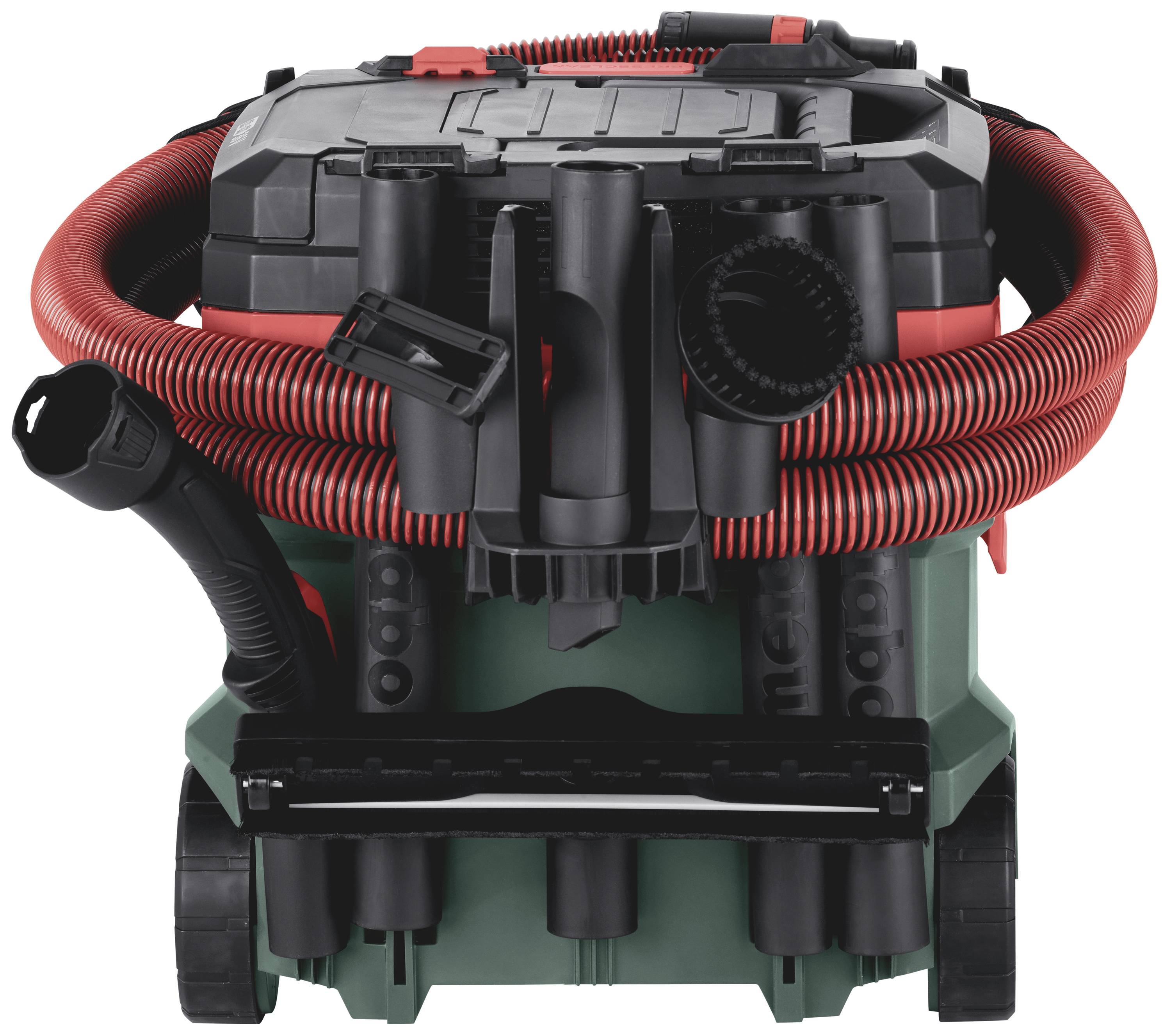 Ein tragbarer Industriestaubsauger mit mehreren schwarzen und roten Saugschläuchen, befestigt an einem grauen Behälter auf Rollen.