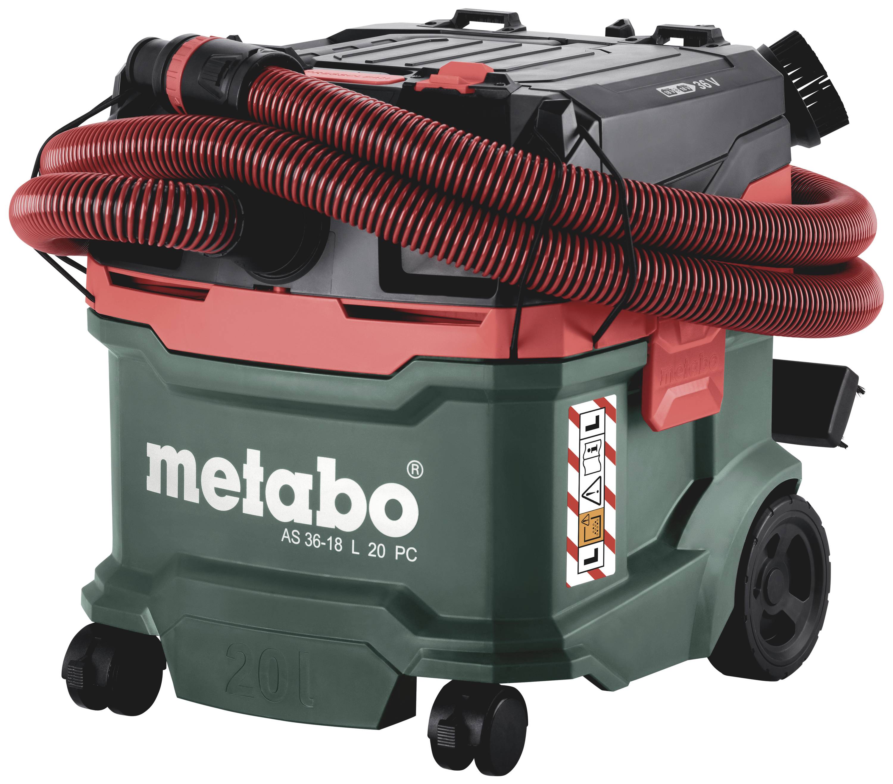 Ein grüner Industriesauger mit schwarzem Deckel, roten Schläuchen und Rädern; geeignet für Werkstattreinigung. Modell 'metabo AS 36-18 L'.