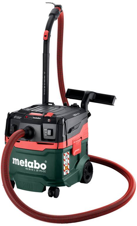 Metabo Nass-/Trockensauger mit rotem Schlauch und Saugstab, dargestellt auf weißem Hintergrund.