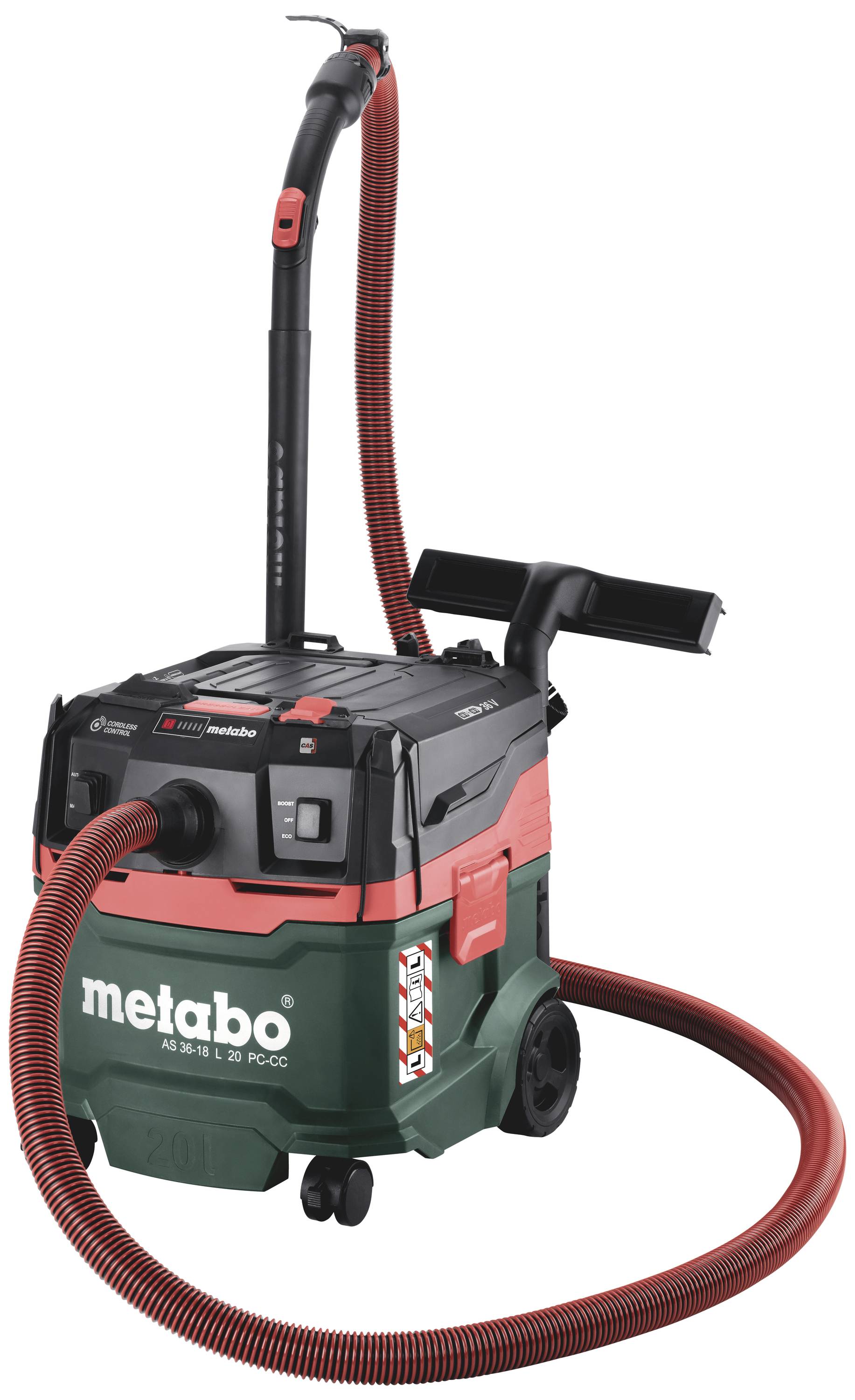 Industriesauger der Marke Metabo mit rotem Schlauch und Griff. Das Modell ist 'ASR 35 L 3PC SC' und es hat Rollen für einfache Bewegung.