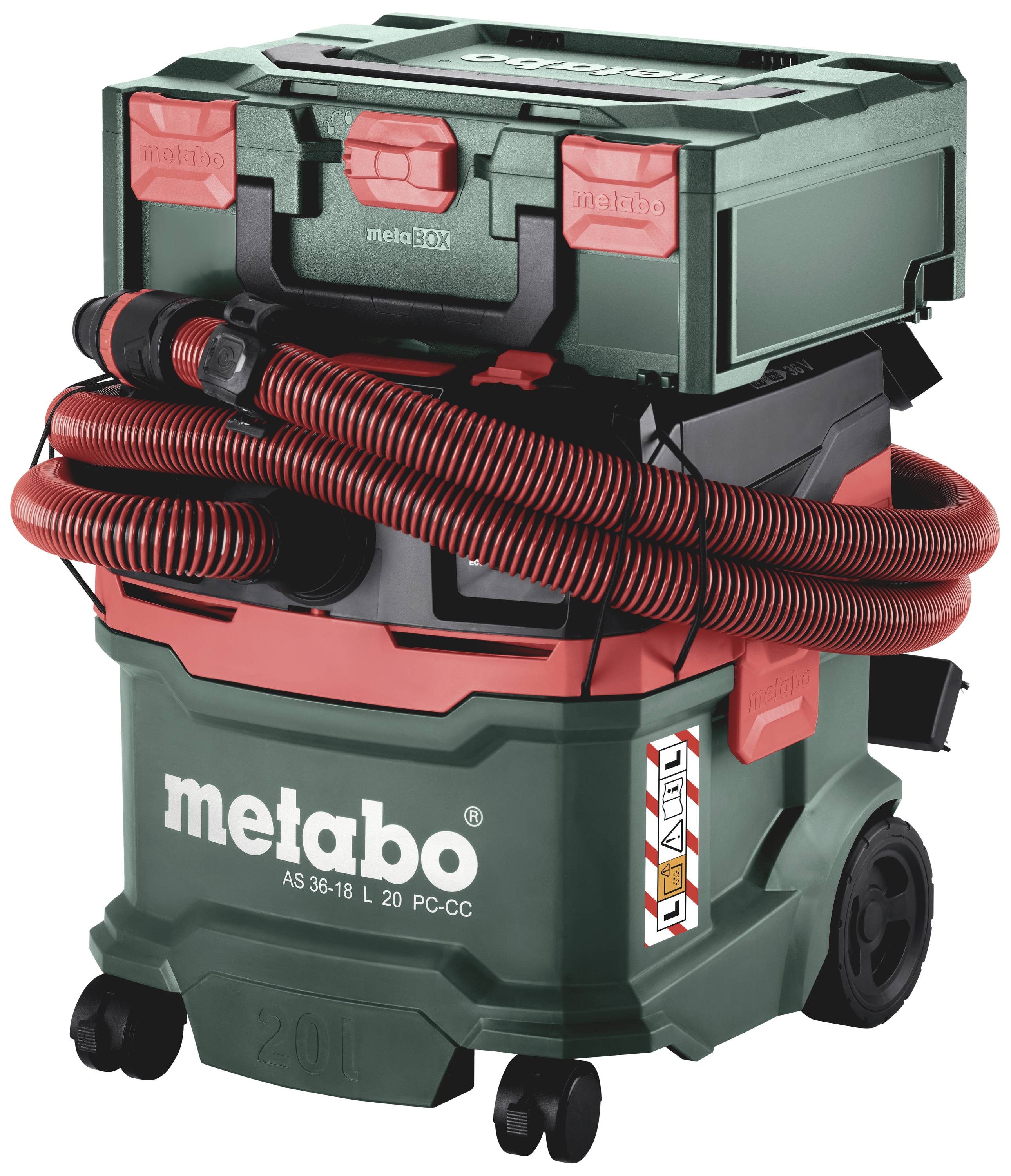 Industriestaubsauger von Metabo mit grün-rotem Design, großen Rädern und rotem Schlauch. Modell AS 36-18 L 20 PC-CC.