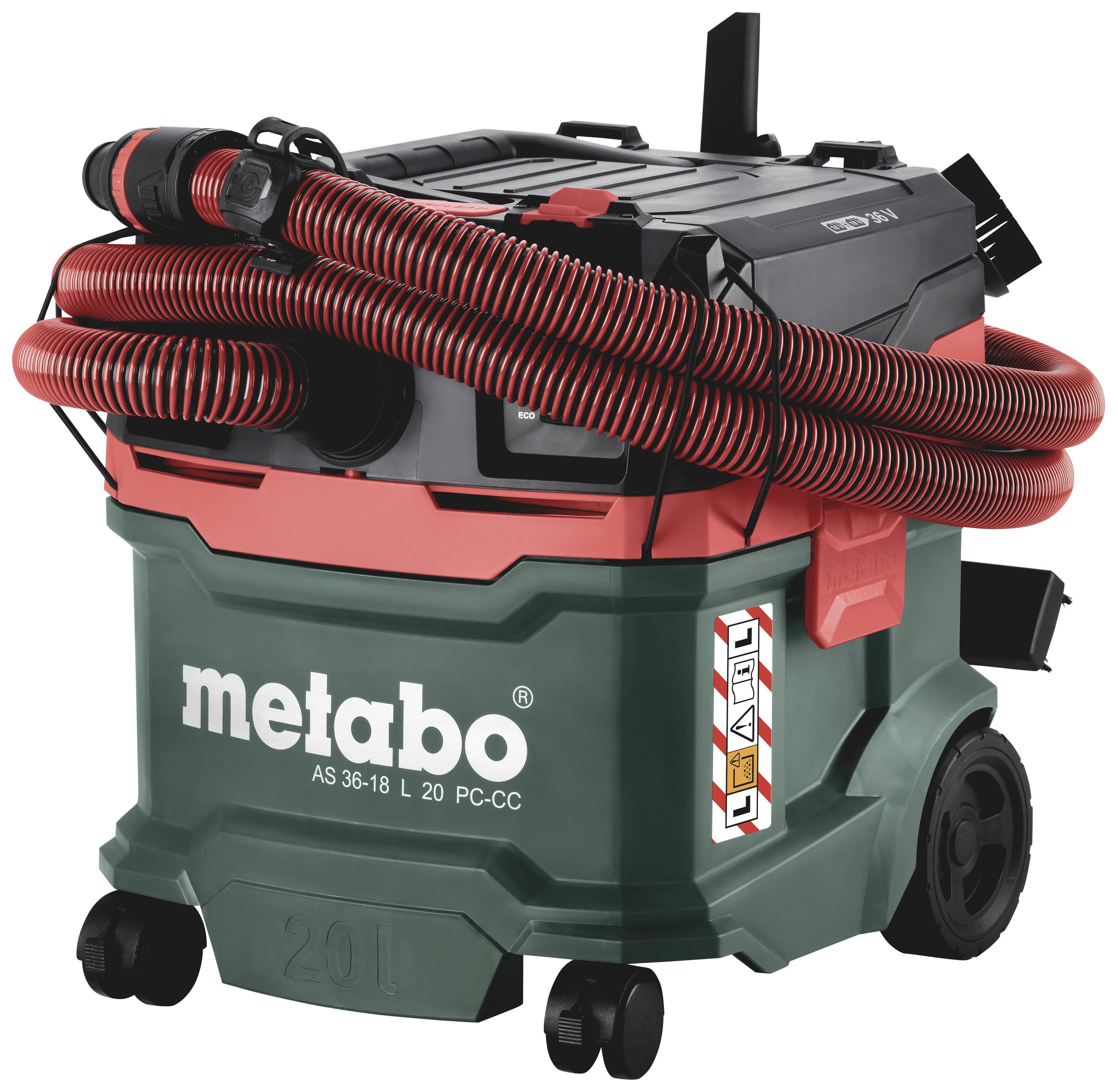 'Metabo AS 36-18 L 20 PC-CC' Industriestaubsauger. Rote und schwarze Schläuche, grüner Korpus mit verschiedenen Anschlüssen und Halterungen.