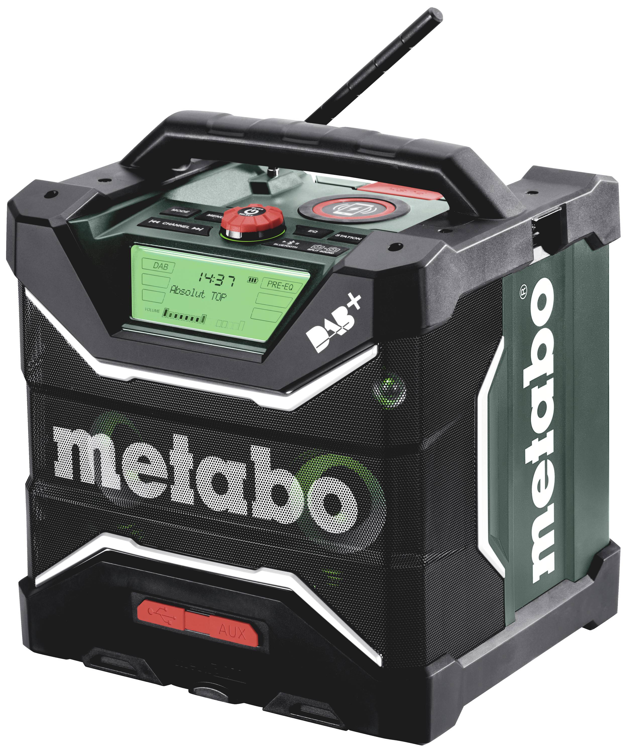 Metabo RC 12-18 32W BT DAB+ Baustellenradio DAB+, UKW, FM DAB+, UKW, Bluetooth®, AUX Akku-Ladefunktion, spritzwassergeschützt, staubdicht, stoßfes