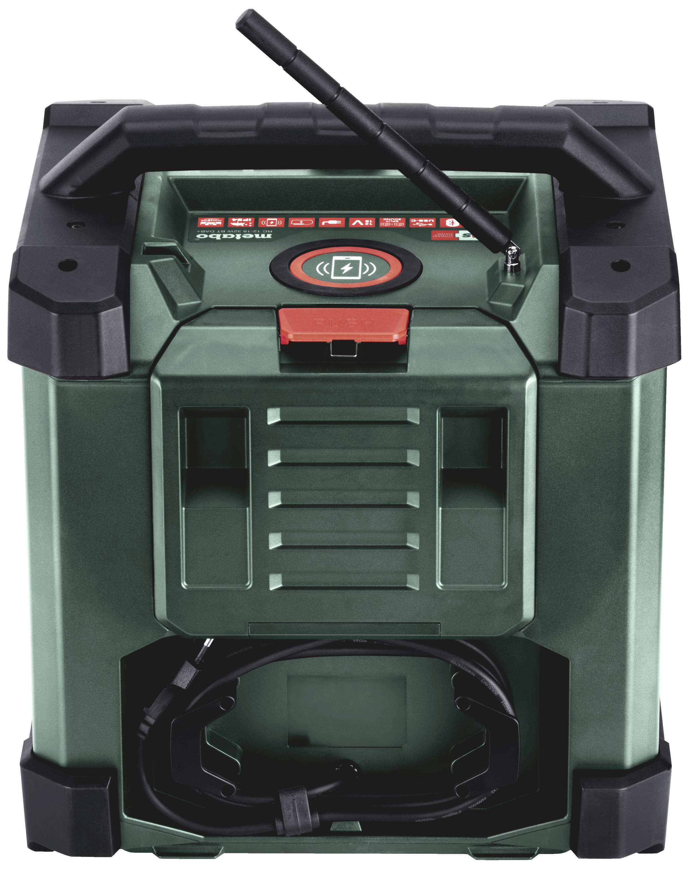 Metabo RC 12-18 32W BT DAB+ Baustellenradio DAB+, UKW, FM DAB+, UKW, Bluetooth®, AUX Akku-Ladefunktion, spritzwassergeschützt, staubdicht, stoßfes