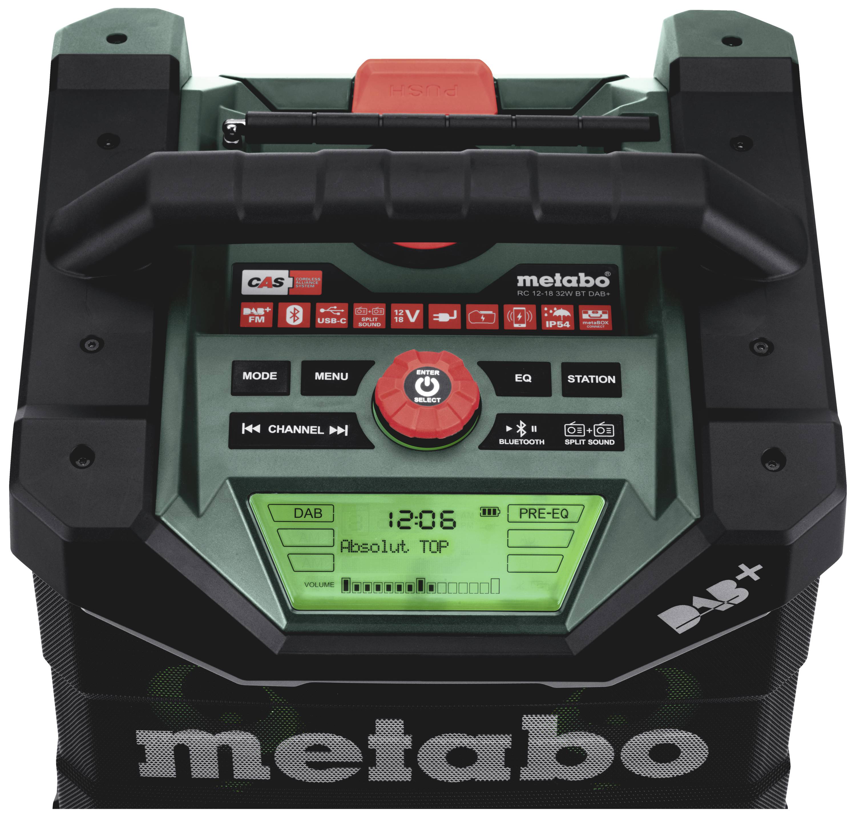 Metabo RC 12-18 32W BT DAB+ Baustellenradio DAB+, UKW, FM DAB+, UKW, Bluetooth®, AUX Akku-Ladefunktion, spritzwassergeschützt, staubdicht, stoßfes