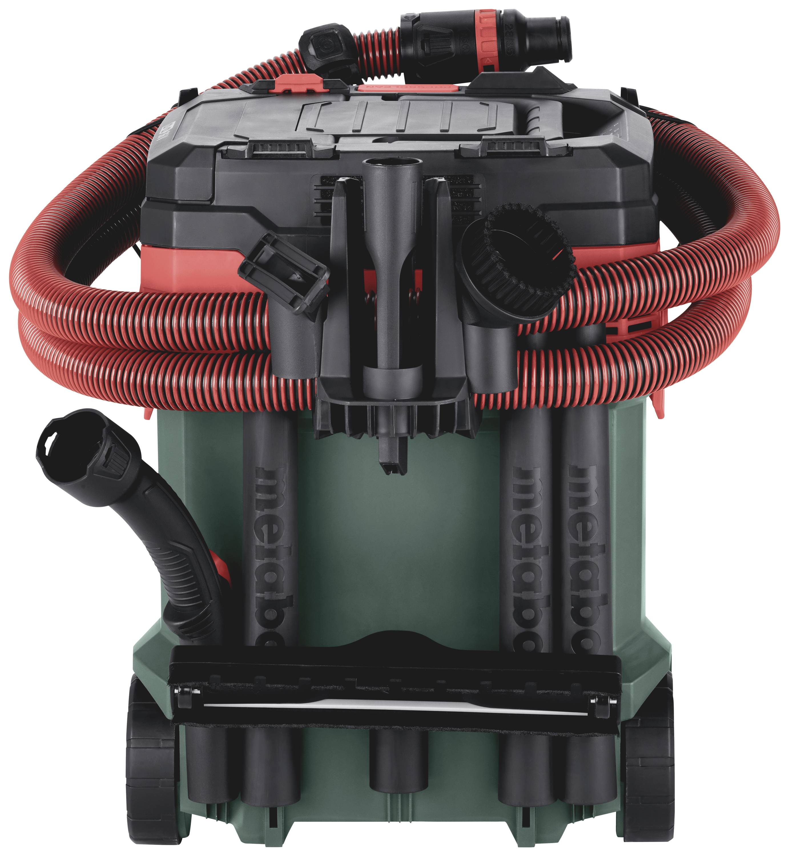 Industriesauger mit rotem Saugschlauch, schwarzem Deckel und grüner Trommel auf Rädern. Branding 'metabo' sichtbar.