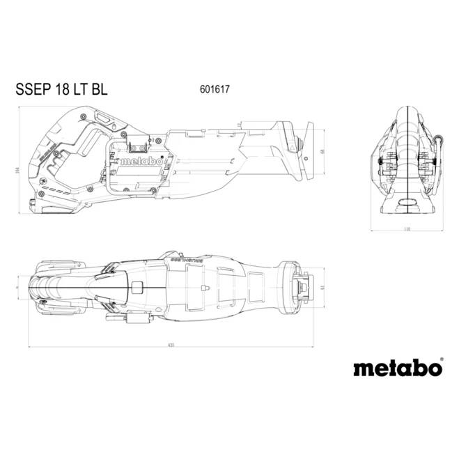 Technische Zeichnung eines Metabo SSEP 18 LT BL Werkzeugs mit Seiten-, Ober- und Frontansicht, mit Hervorhebung von Abmessungen und Konstruktionsdetails.