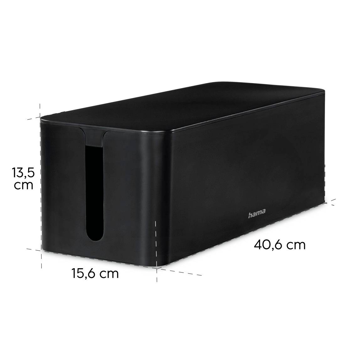Schwarze Kabelbox von Hama mit den Maßen 13,5 cm x 15,6 cm x 40,6 cm. Ideal zur Organisation von Kabeln auf Schreibtischen.