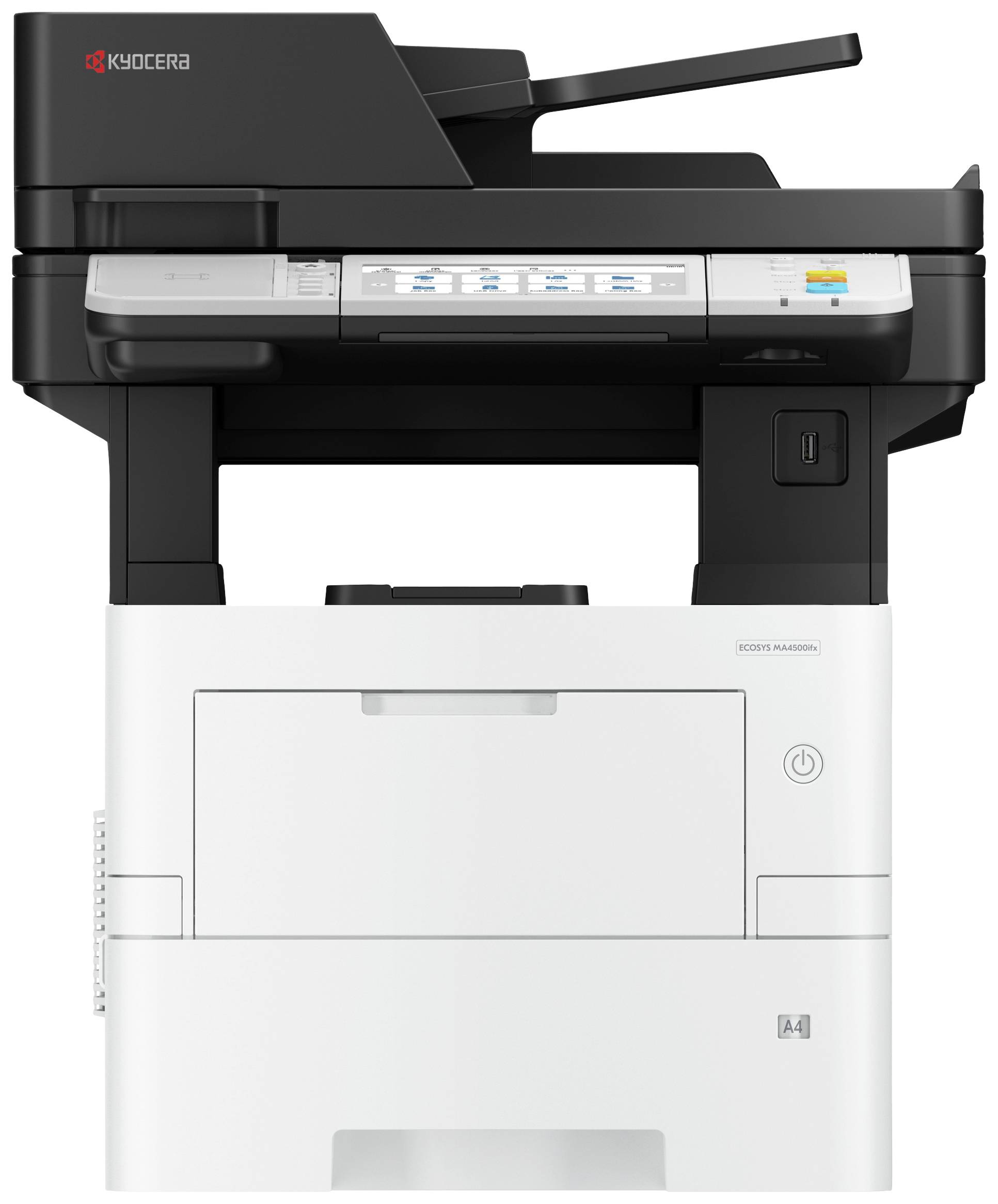 Ein Multifunktionsdrucker mit Scanner und Bedienelementen, Marke ist Kyocera. Ideal für Bürogebrauch. Farbdisplay ist sichtbar.