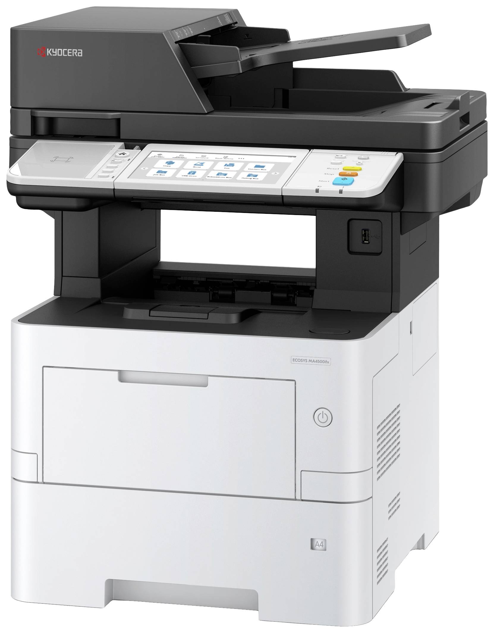 Multifunktionsdrucker mit Scan-, Kopier- und Druckfunktionen, mehrere Tasten und Display auf der Vorderseite.