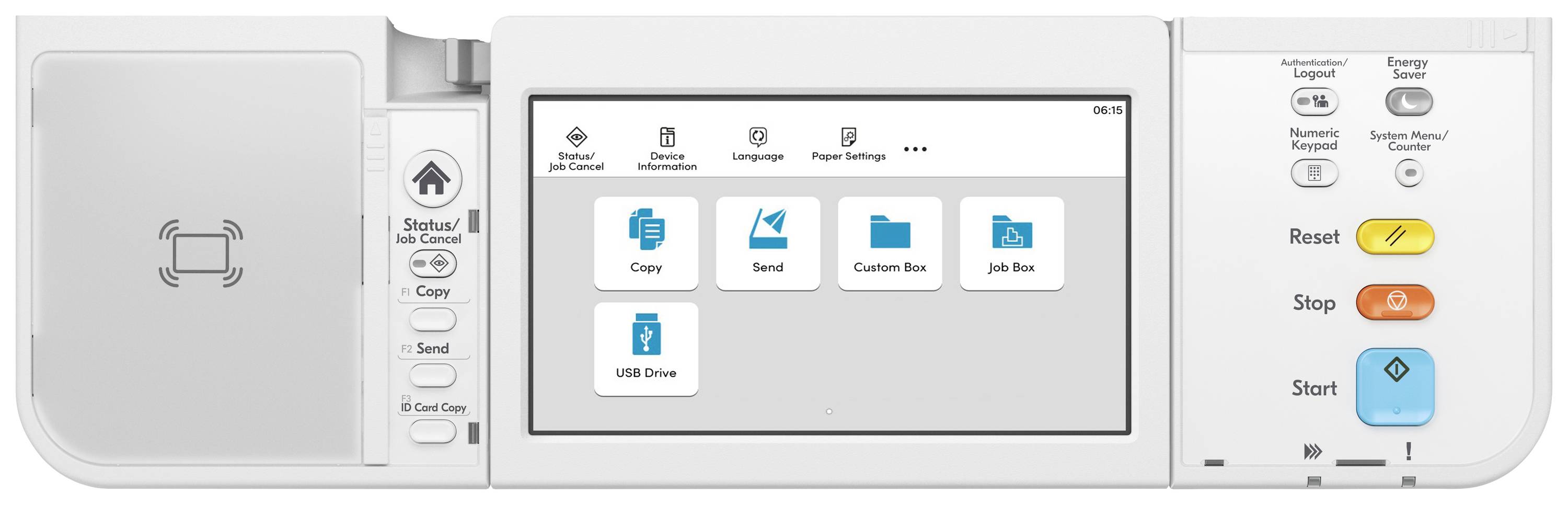 Die Abbildung zeigt das Bedienfeld eines Druckers mit einem Display, das Optionen wie 'Kopieren' und 'Senden' sowie Steuertasten anzeigt.