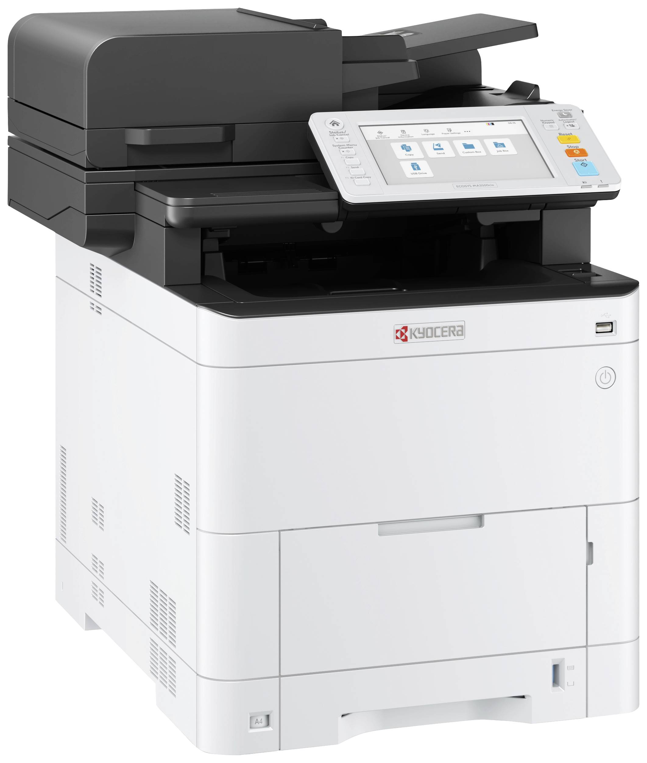 Ein moderner, weißer Multifunktionsdrucker mit digitalem Touchscreen-Display, geeignet für das Drucken, Scannen und Kopieren.