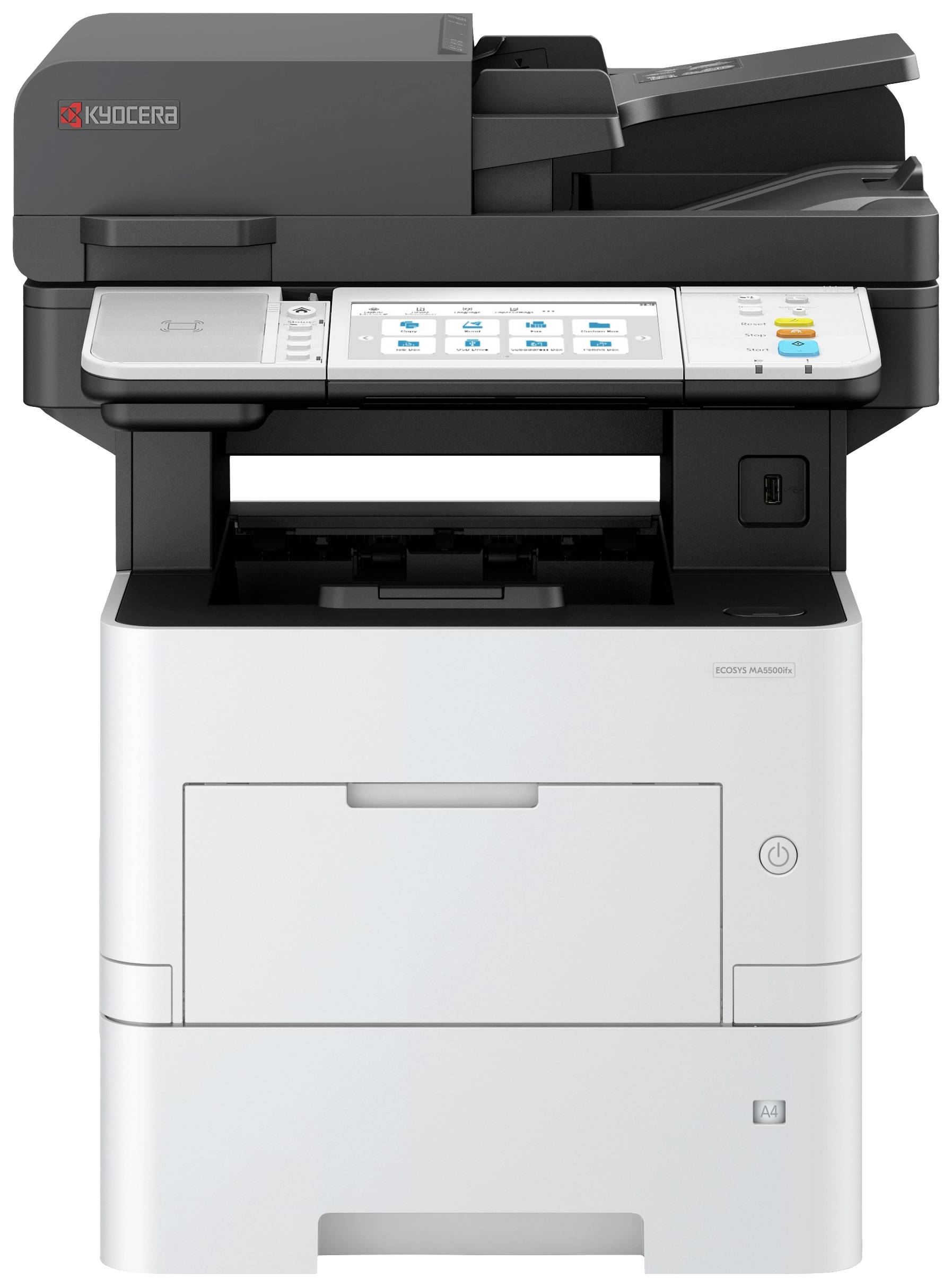 Kyocera Multifunktionsdrucker in Schwarz-Weiß-Design mit Bedienfeld, Dokumenteneinzug und Ausgabefach.
