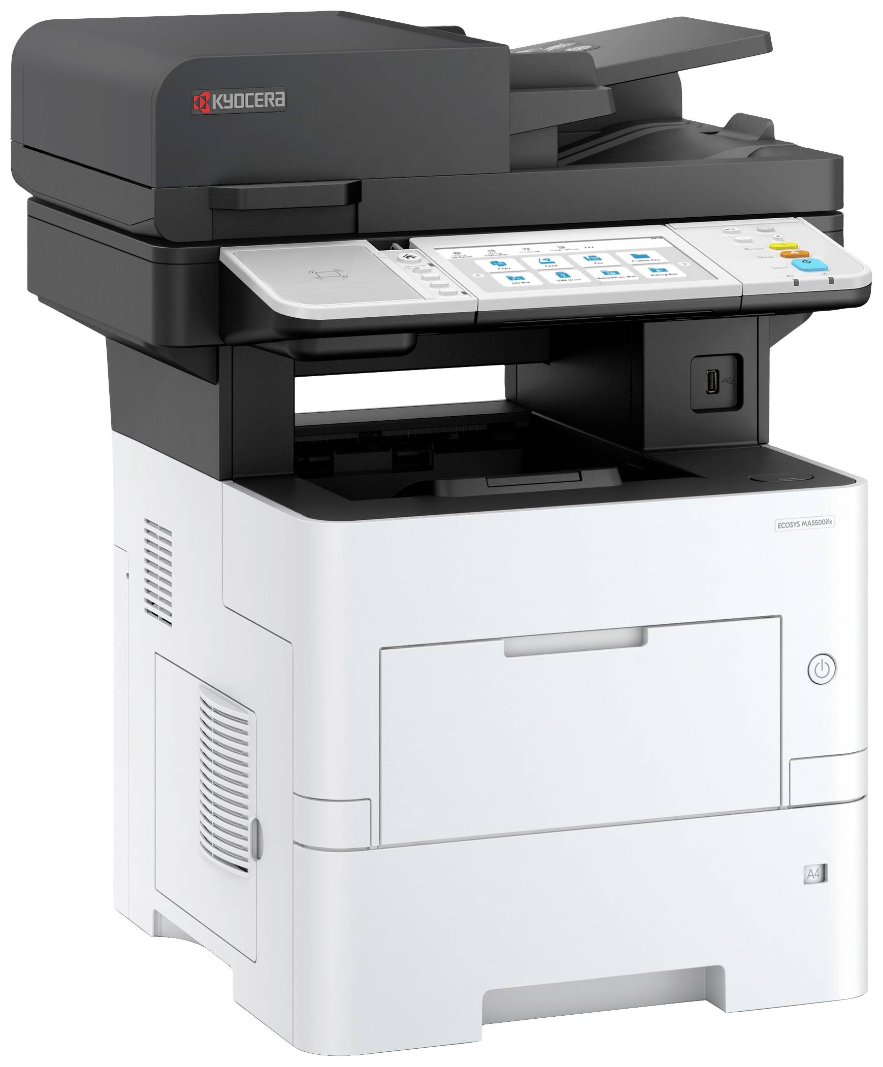 Ein grauer und weißer Multifunktionsdrucker mit Scanner, Kopierer und Bedienfeld oben. Ideal für Bürogebrauch.