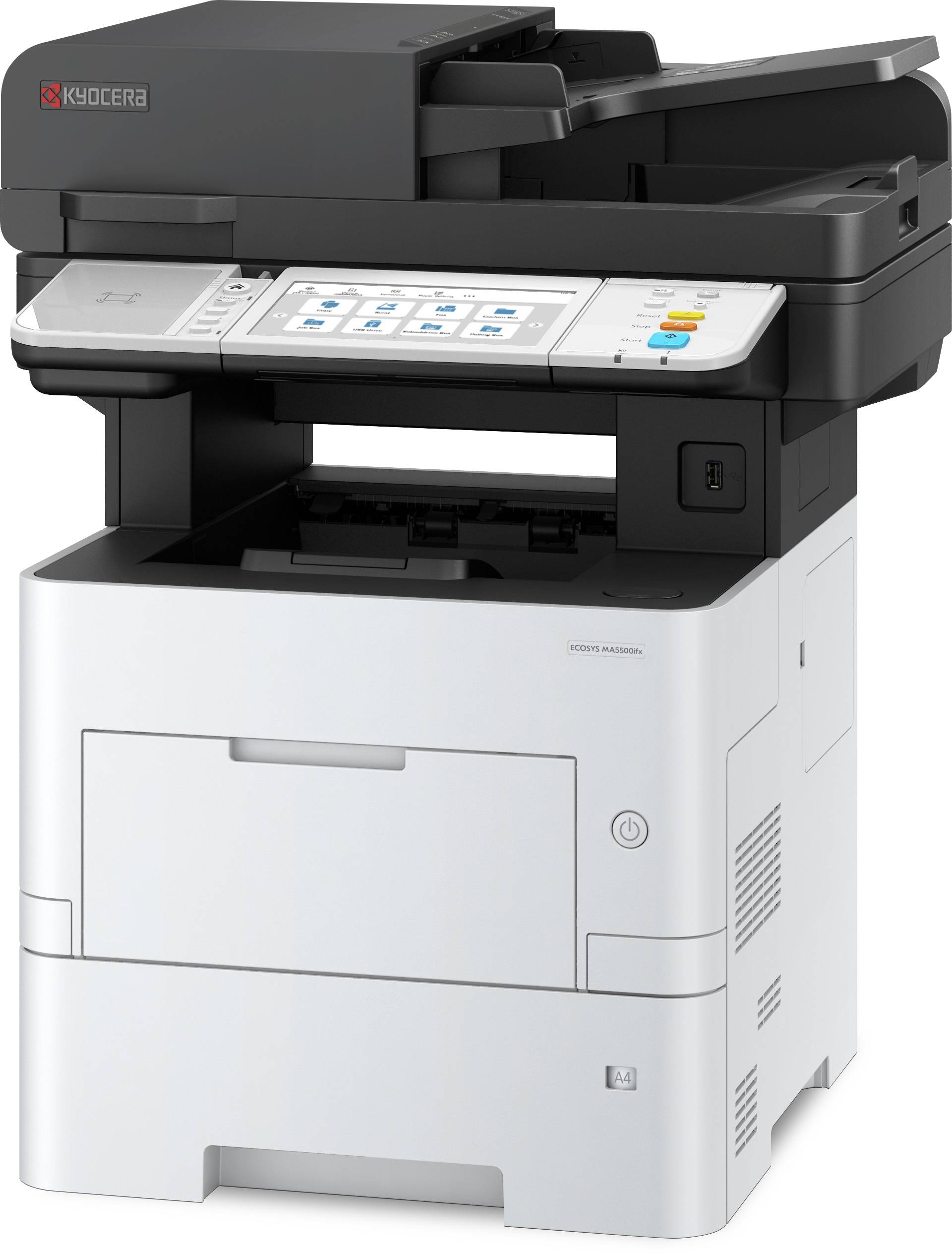 Ein Multifunktionsdrucker mit Touchscreen-Bedienfeld. Er ermöglicht Drucken, Kopieren, Scannen und Faxen in einem Gerät.