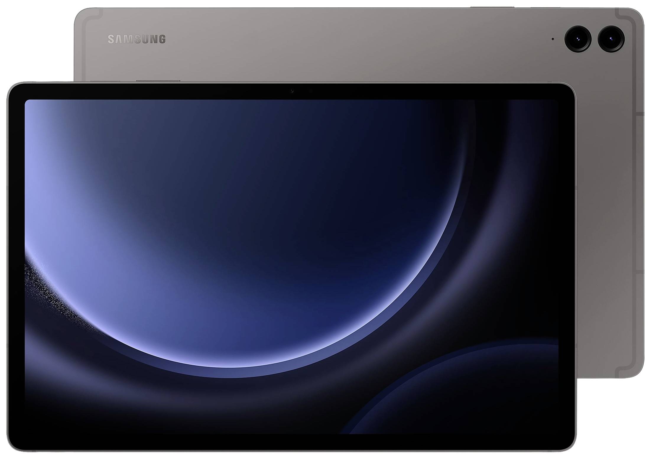 Ein modernes Tablet mit einem großen Bildschirm, schwarzem Rahmen und zwei Kameras auf der Rückseite. Logos sind sichtbar.