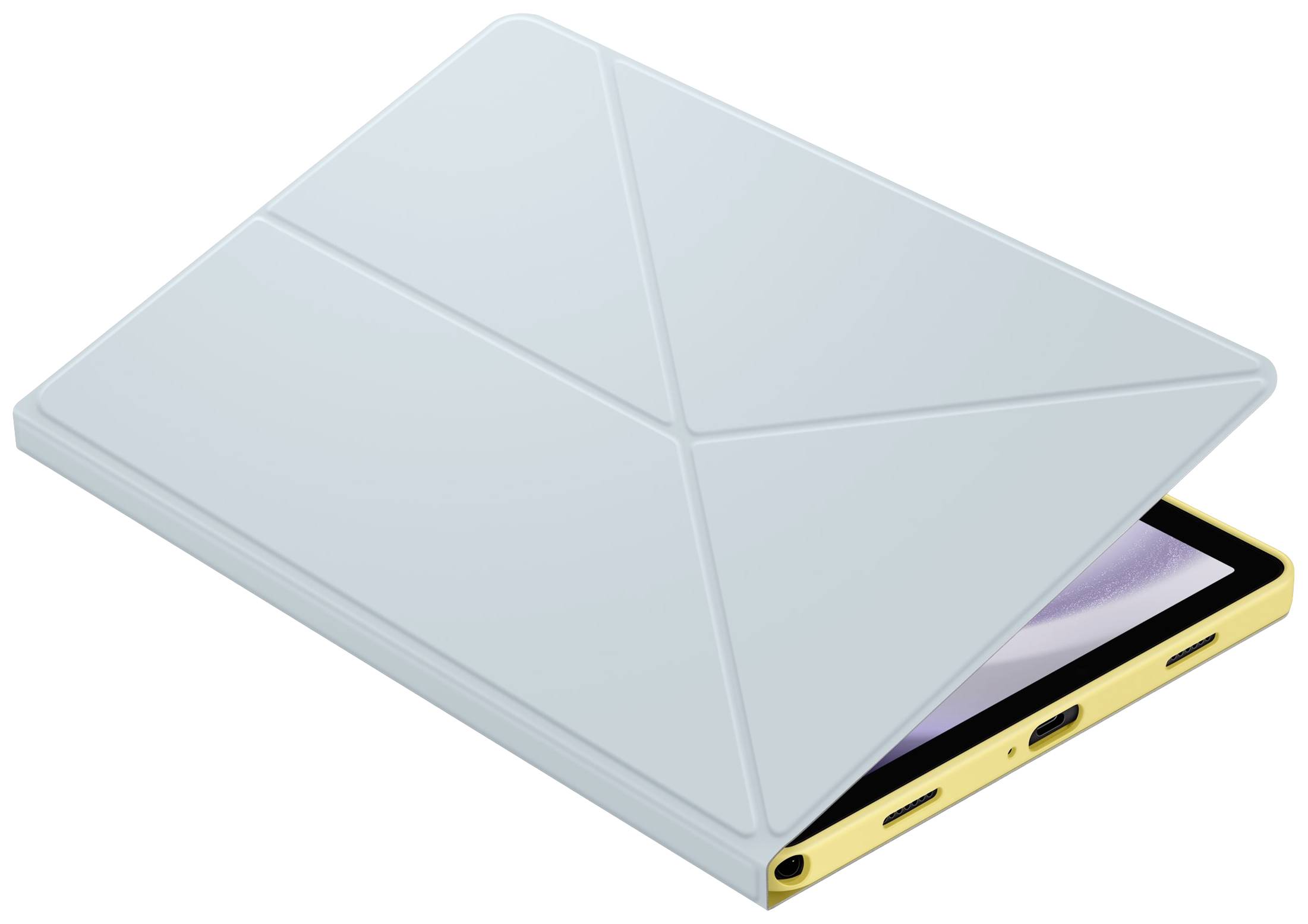 Tablet mit halbgeöffneter Hülle, zeigt goldene Kante und Bildschirm, leicht sichtbar.