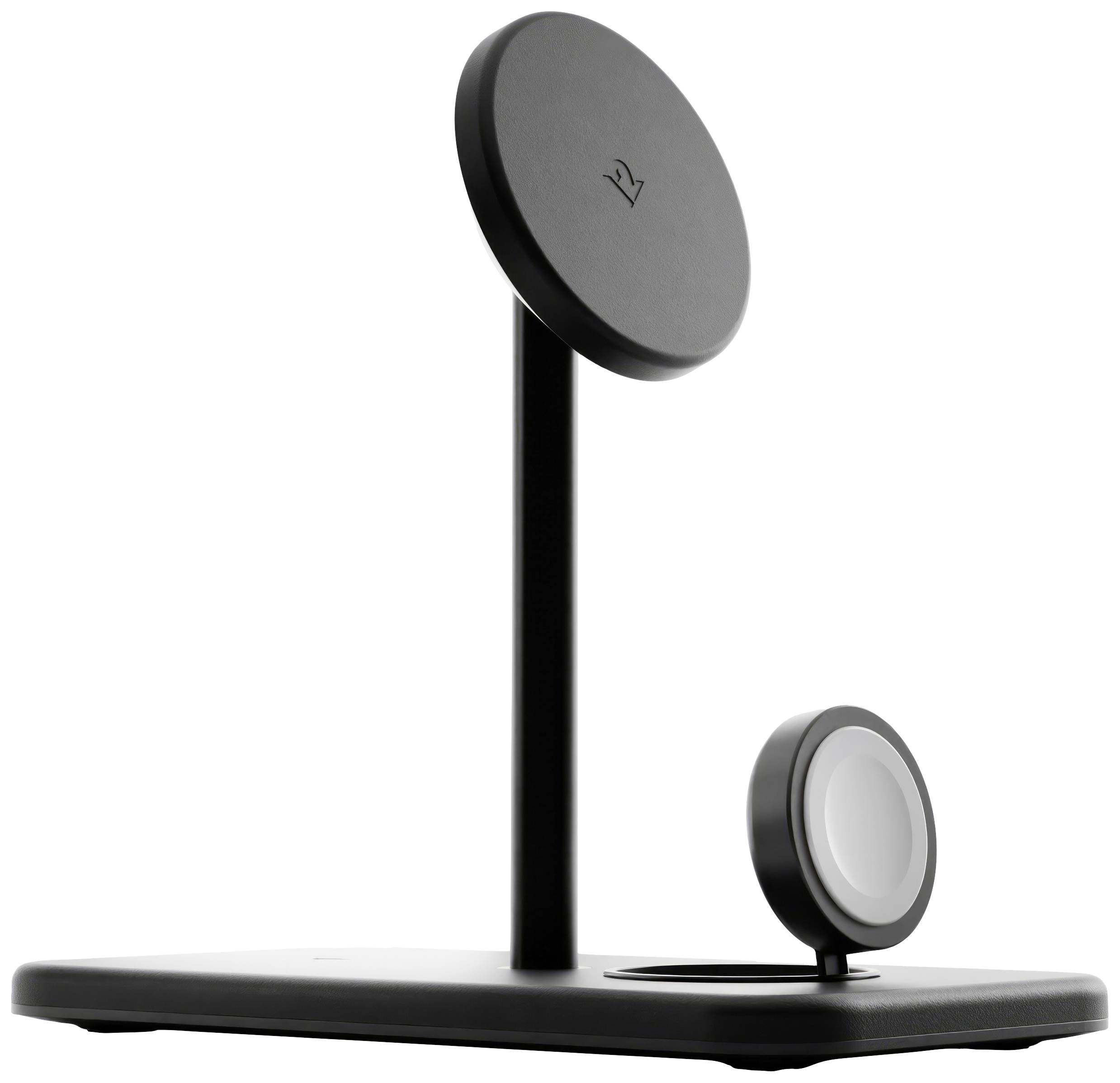 Schwarzes dreifaches kabelloses Ladegerät mit vertikalen Halterungen für zwei Geräte, geeignet für Handy und kabellose Kopfhörer.