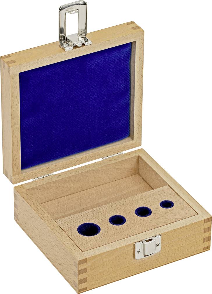 Holzkiste mit geöffneter Klappe, innen mit blauem Stoff ausgekleidet und Aufbewahrungsfächern für vier Gegenstände.