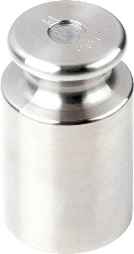 Metallisches Gewicht, zylindrisch, mit gravierter Aufschrift '500g'. Verwendet zur Kalibrierung und Messung.