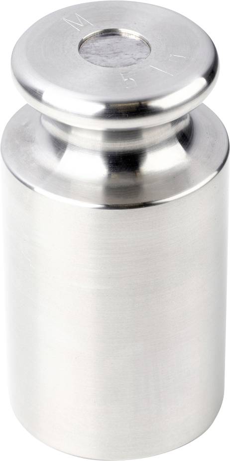 Metallisches Gewicht mit zylindrischer Form, glänzender Oberfläche und eingelassener Oberkante; verwendet zur Kalibrierung von Waagen.