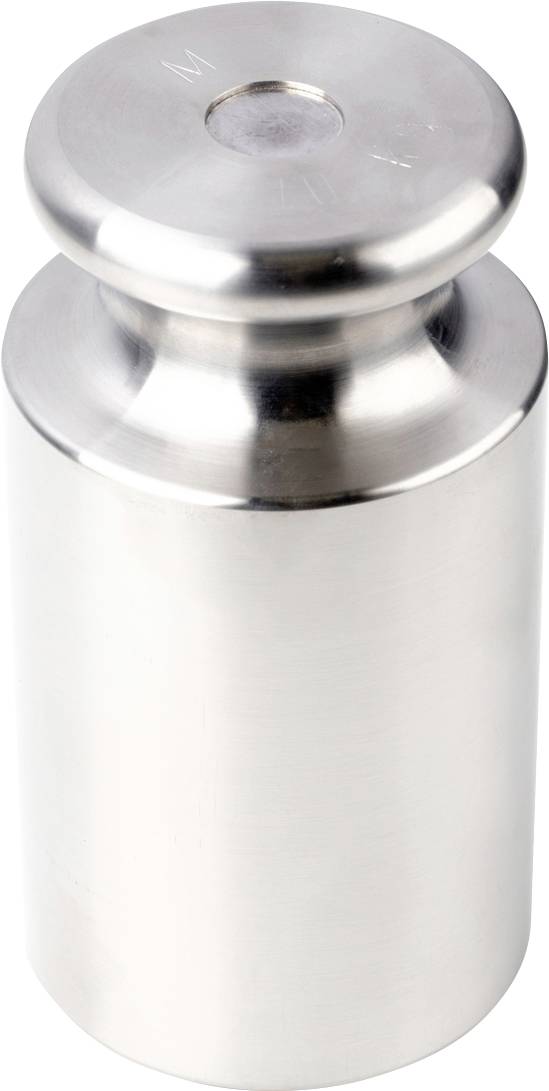 Ein glänzendes, silbernes Gewicht aus Metall, zylinderförmig mit glattem Finish, verwendet zum Kalibrieren von Waagen.