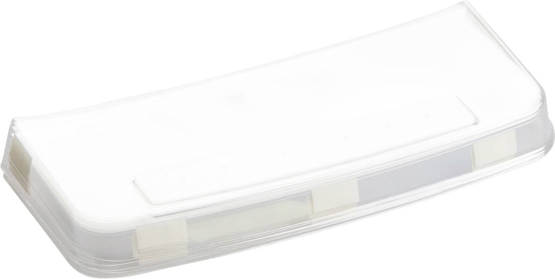 Eine leere, durchsichtige Plastikbox mit abgerundeten Ecken und einem abnehmbaren Deckel.