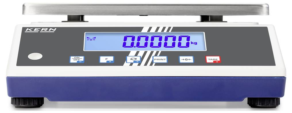 Elektronische Waage zeigt '0,000 kg' auf blauem Display. Vier Tasten darunter: Potenz, Speichern, Drucken, Tara.