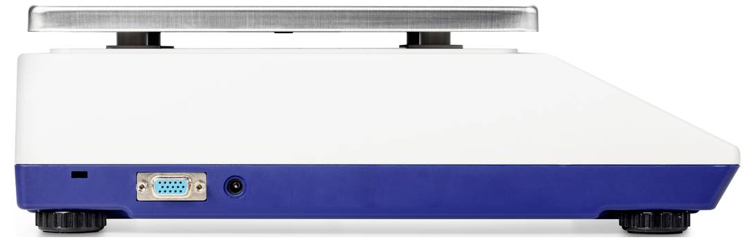 Elektronische Waage mit blauer Basis und Anschlussmöglichkeiten auf der Rückseite, geeignet für präzise Messungen in Laboren.