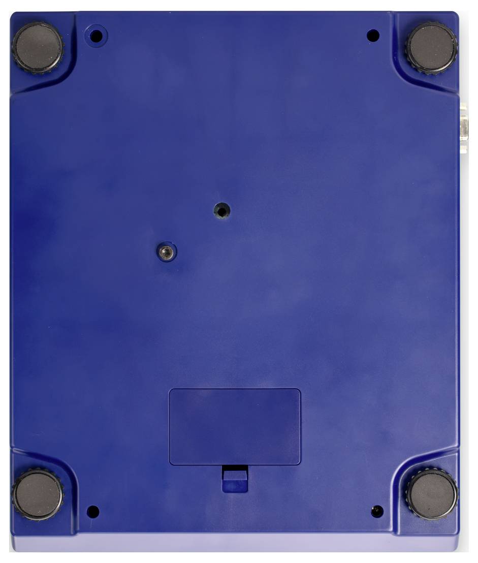 Die Unterseite eines blauen Geräts mit vier rutschfesten Füßen in den Ecken und einer kleinen Öffnung in der Mitte.