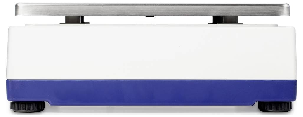 Elektronische Waage mit blau-weißem Gehäuse und Edelstahlplatte, seitliche Ansicht.