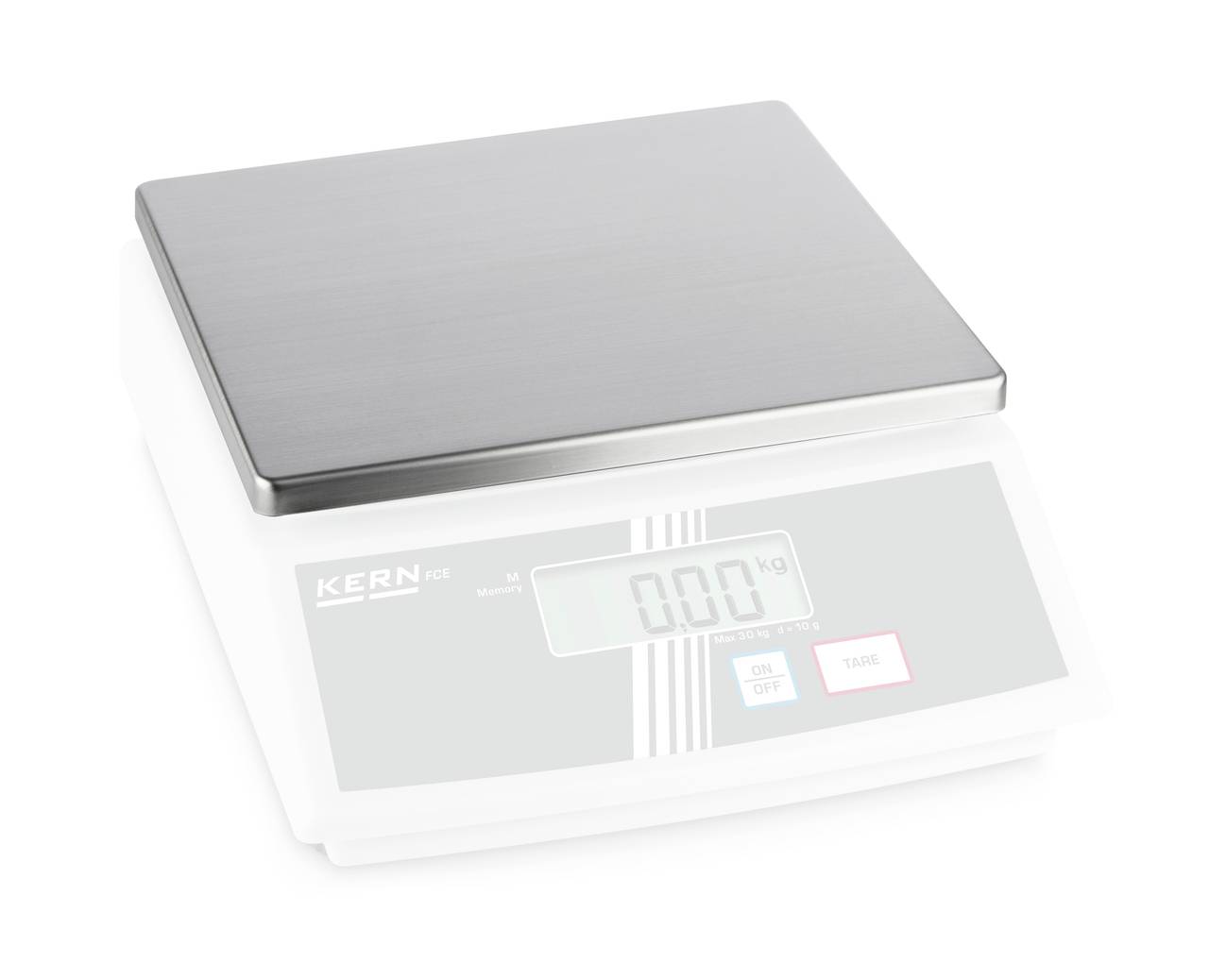 Digitale Küchenwaage mit Edelstahl-Plattform zeigt 0,00 kg auf der LCD-Anzeige. Markenname 'KERN' sichtbar.