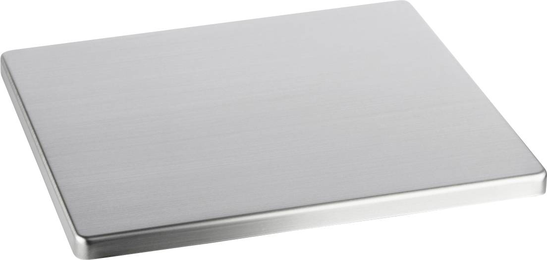 Ein rechteckiges, flaches Metallstück, vermutlich aus Edelstahl, mit einer glatten, gebürsteten Oberfläche.