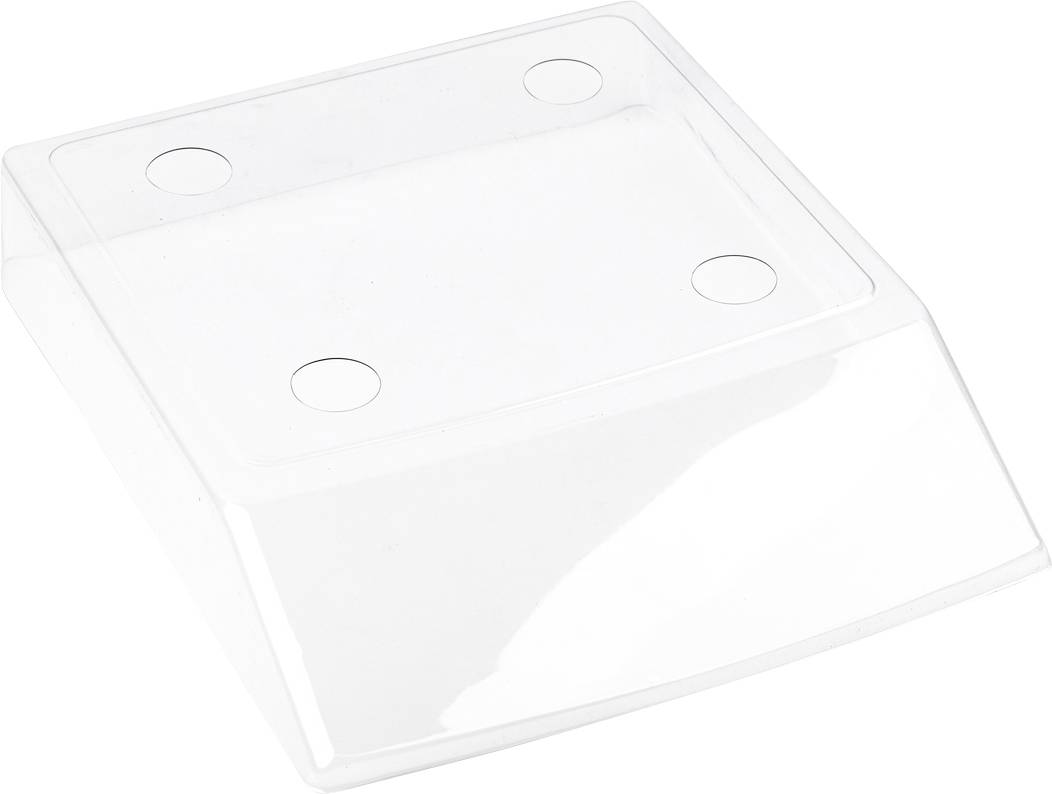 Transparenter Plastikdeckel mit vier kleinen Kreisen auf der Oberseite, vermutlich Halterungen.
