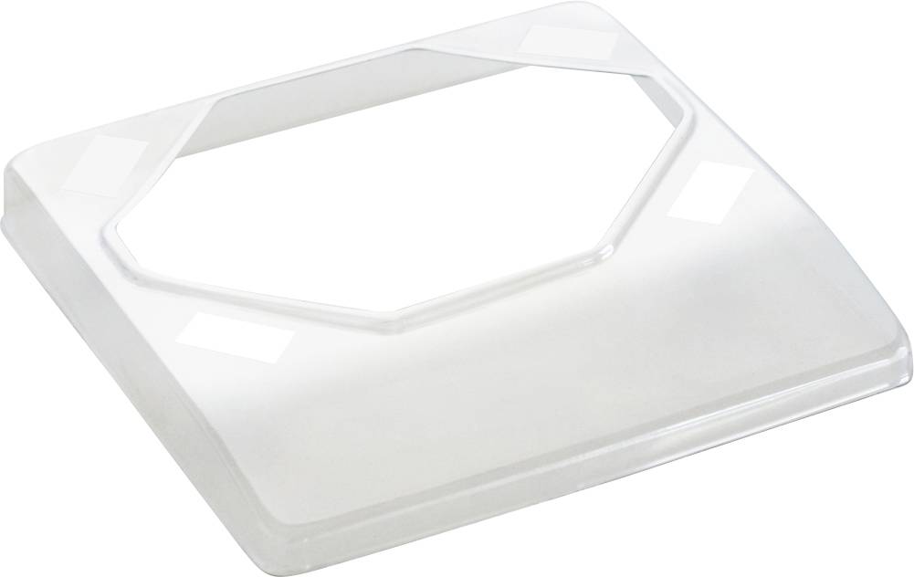 Ein transparentes, sechseckiges Kunststoffmaterial, möglicherweise ein Abdeckschutz, auf weißem Hintergrund.