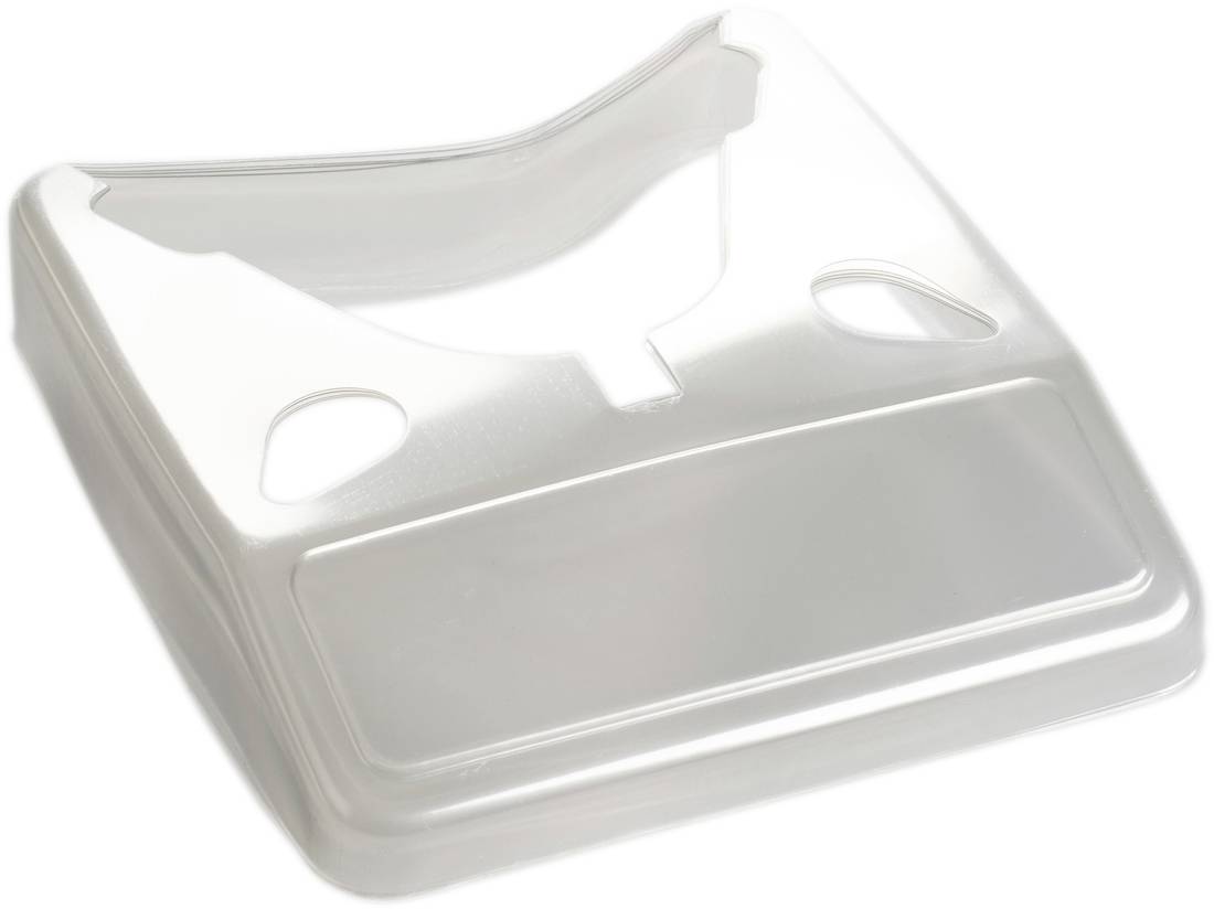 Ein weißer Kunststoff-Spritzschutz mit zwei ovalen Öffnungen, vermutlich für ein medizinisches oder hygienisches Gerät.