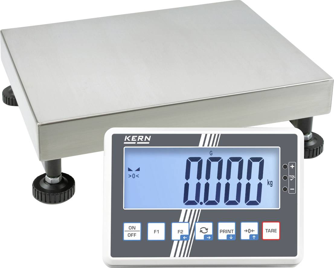 Eine elektronische Waage mit digitalem Display. Anzeige zeigt '0.000 kg'. Waagenplattform aus Metall, geeignet für präzises Wiegen.