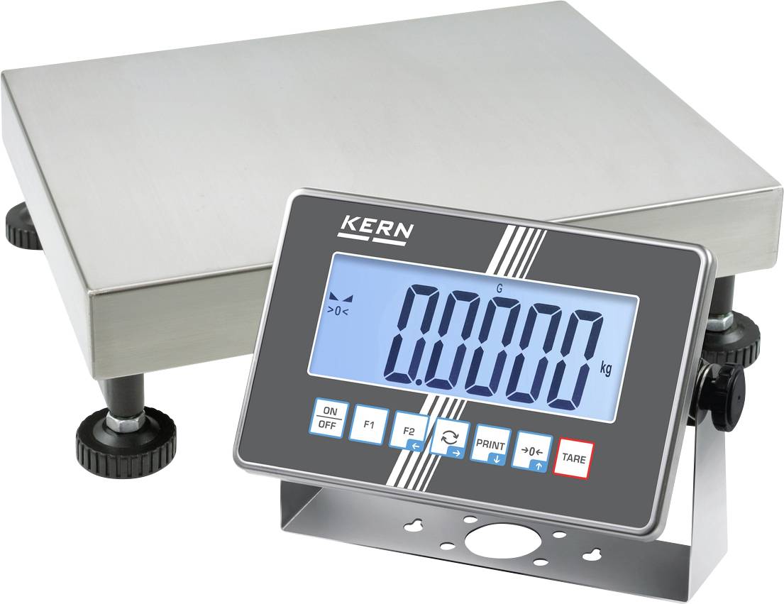 Digitale Industriewaage mit flachem Edelstahlwiegeteller und blauem Display. Zeigt '0,000 kg' an.