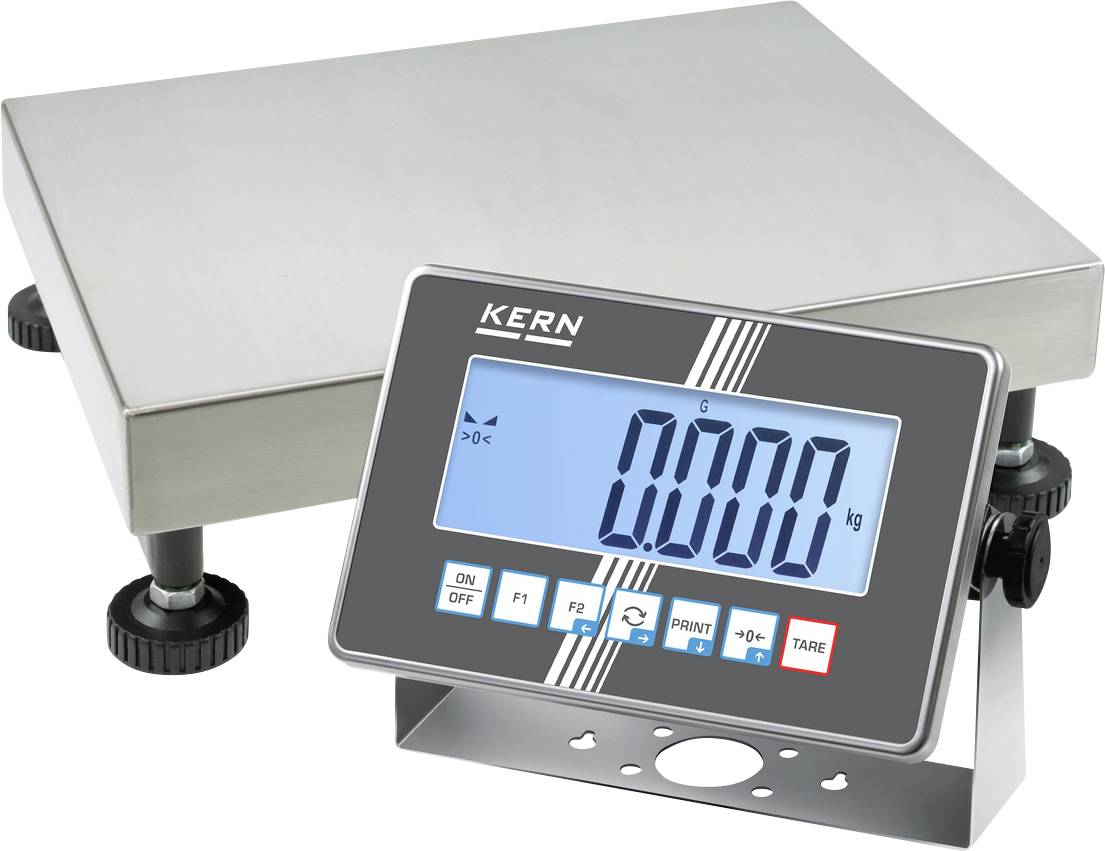 Industrielle Waage mit digitaler Anzeige zeigt '0.000 kg'. Metallene Plattform mit verstellbaren Füßen, geeignet für präzises Wiegen.